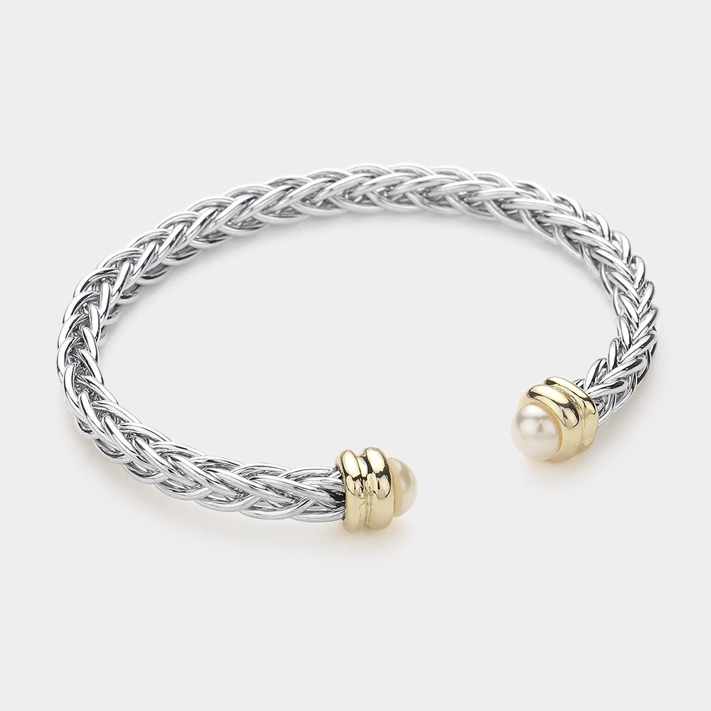 Braided Two Tone Pearl Tip Cuff Bracelet